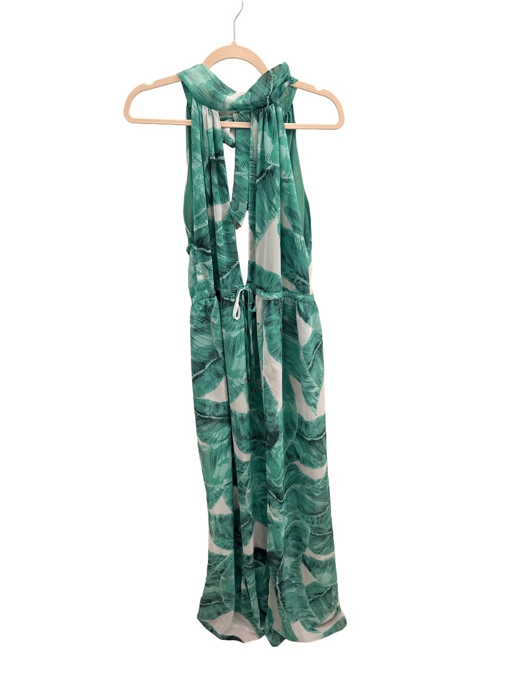 Gilded Dreamer Tropical Green Leaf Print Halter Maxi Dress
